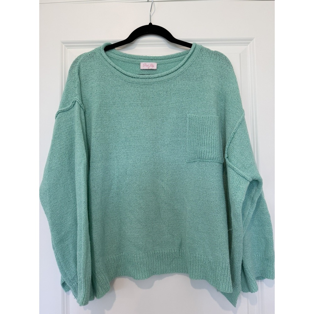 Pink Lily Oversized Pocketed Drop Shoulder Pull-Over Sweater in Aqua Sz S